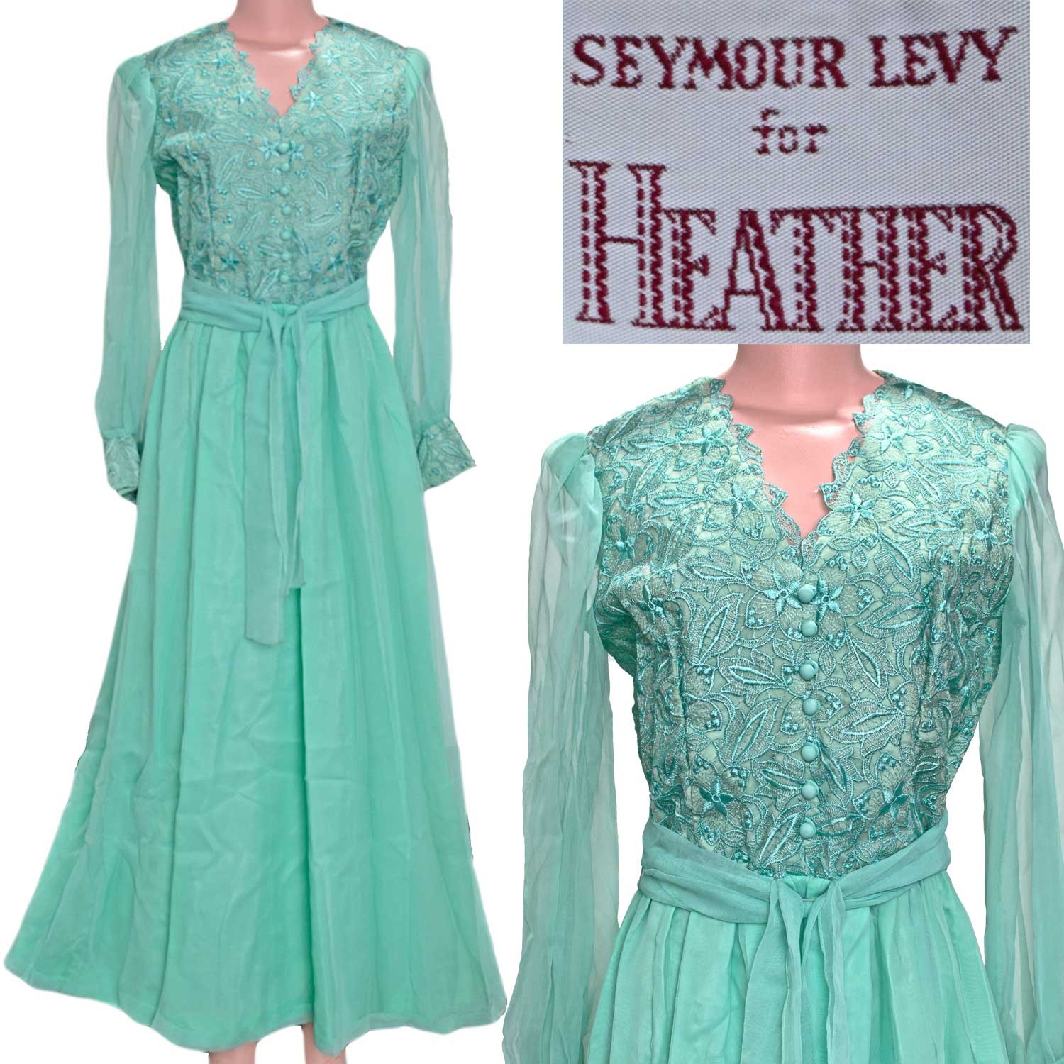 NWT 1970s Vintage Gown Mint Green Chiffon and Lace Romantic Wedding Prom 10