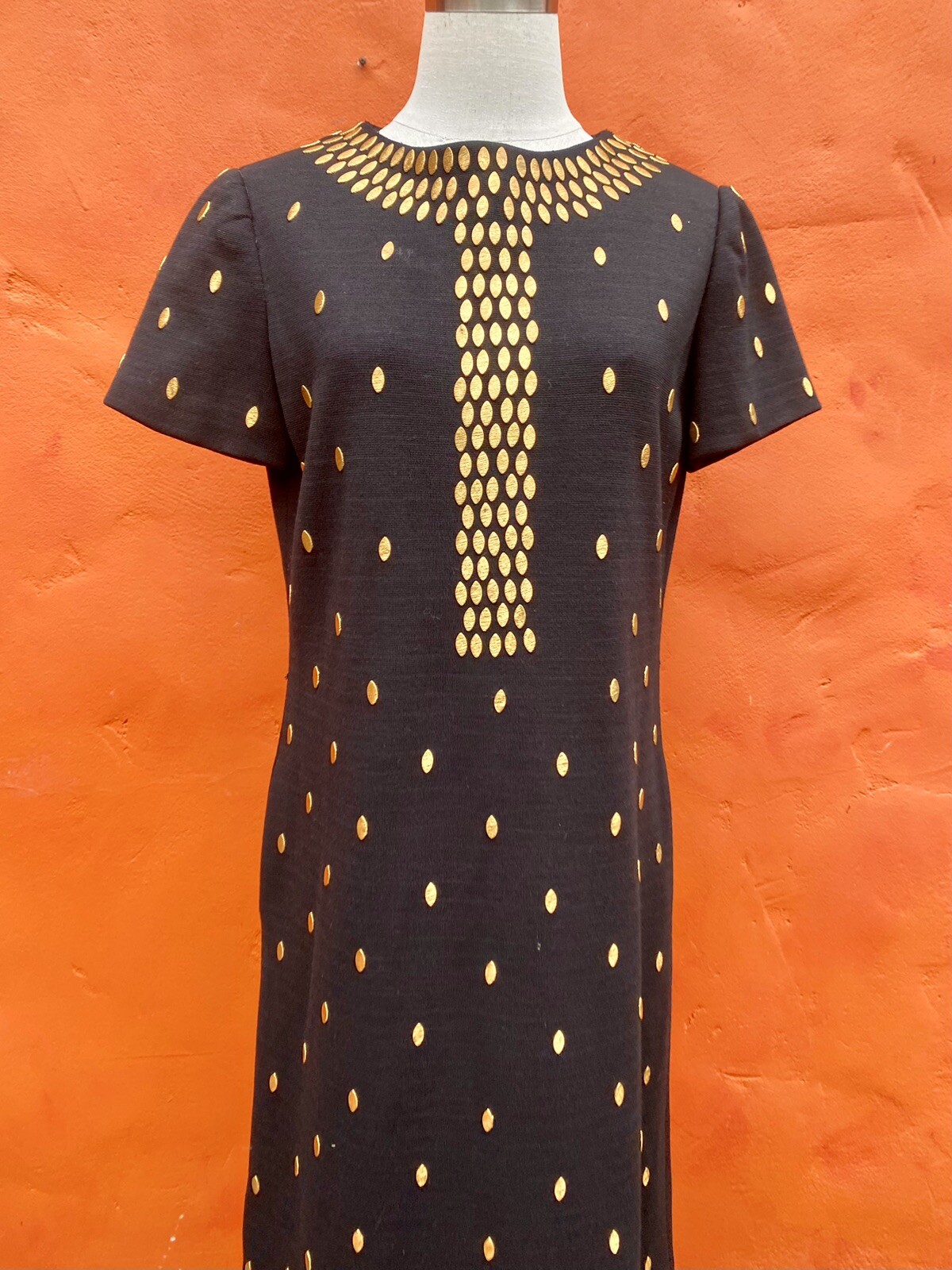 Vintage 1960s Mod Wool Sheath Dress Black Gold Metal Beaded Carlye pockets