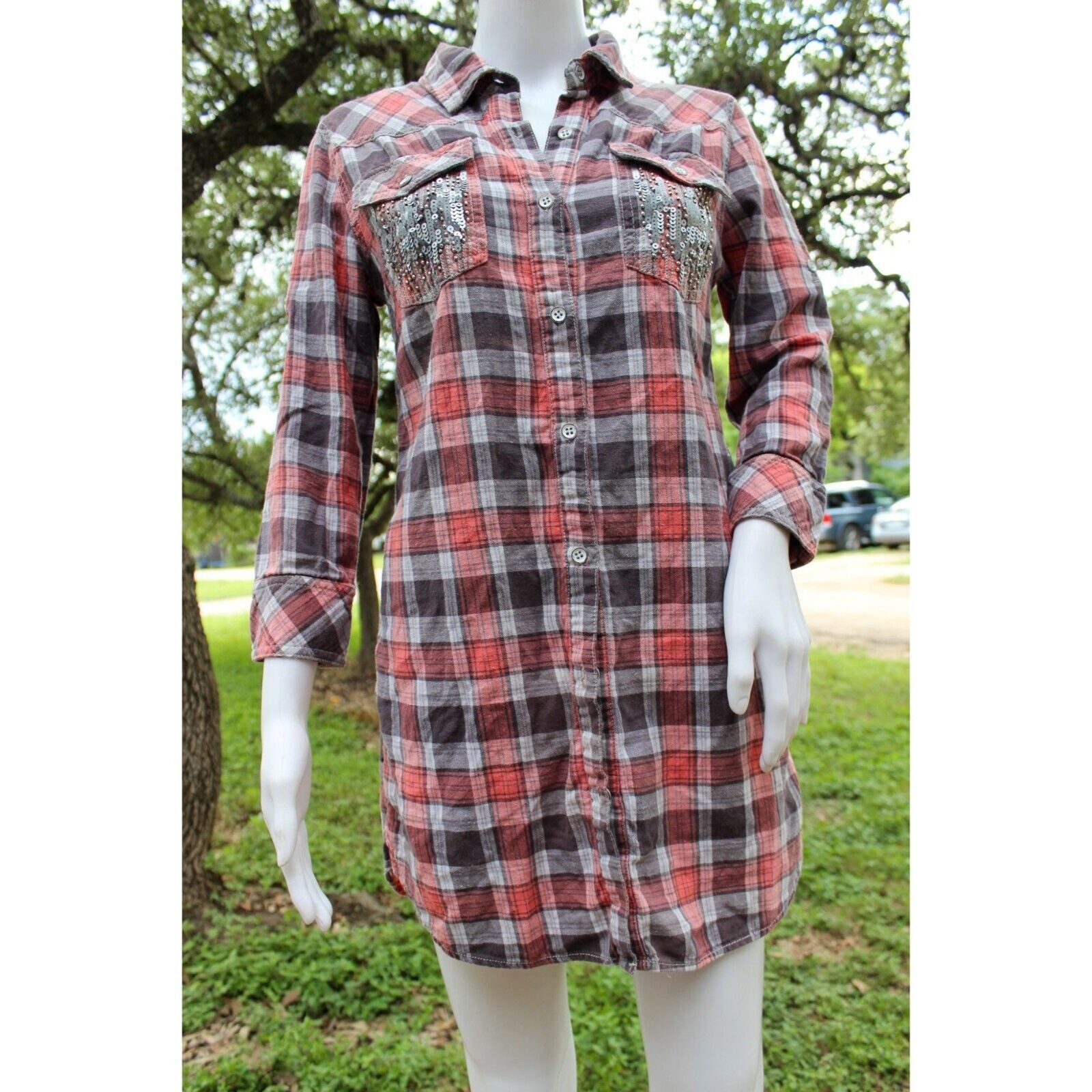 Y2K Vintage Miss Me Plaid Button-Down Shirt Dress W/ Sequin Pockets Size S