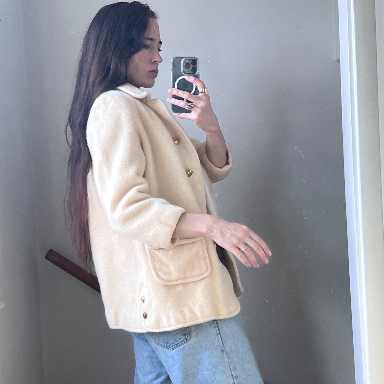 Vintage Wool Mohair Coat Cream Gold Button Textured Fuzzy Mod MCM Glam
