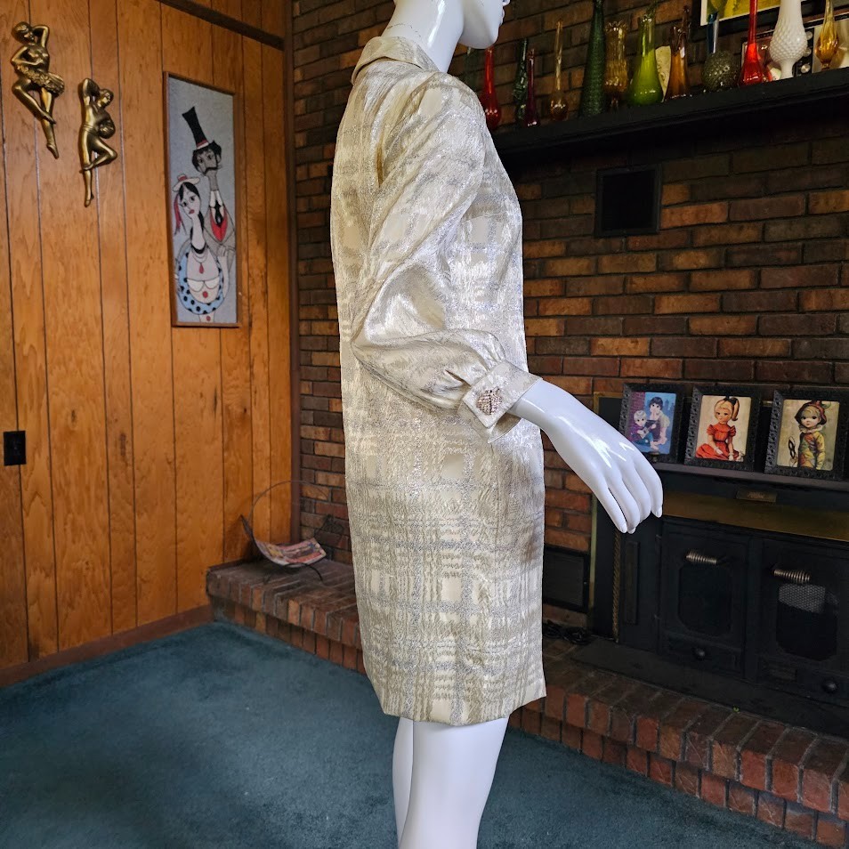 Vtg 60s Mod Silver Space Age Holiday Plaid Metallic Cocktail Mini Go Go Dress S