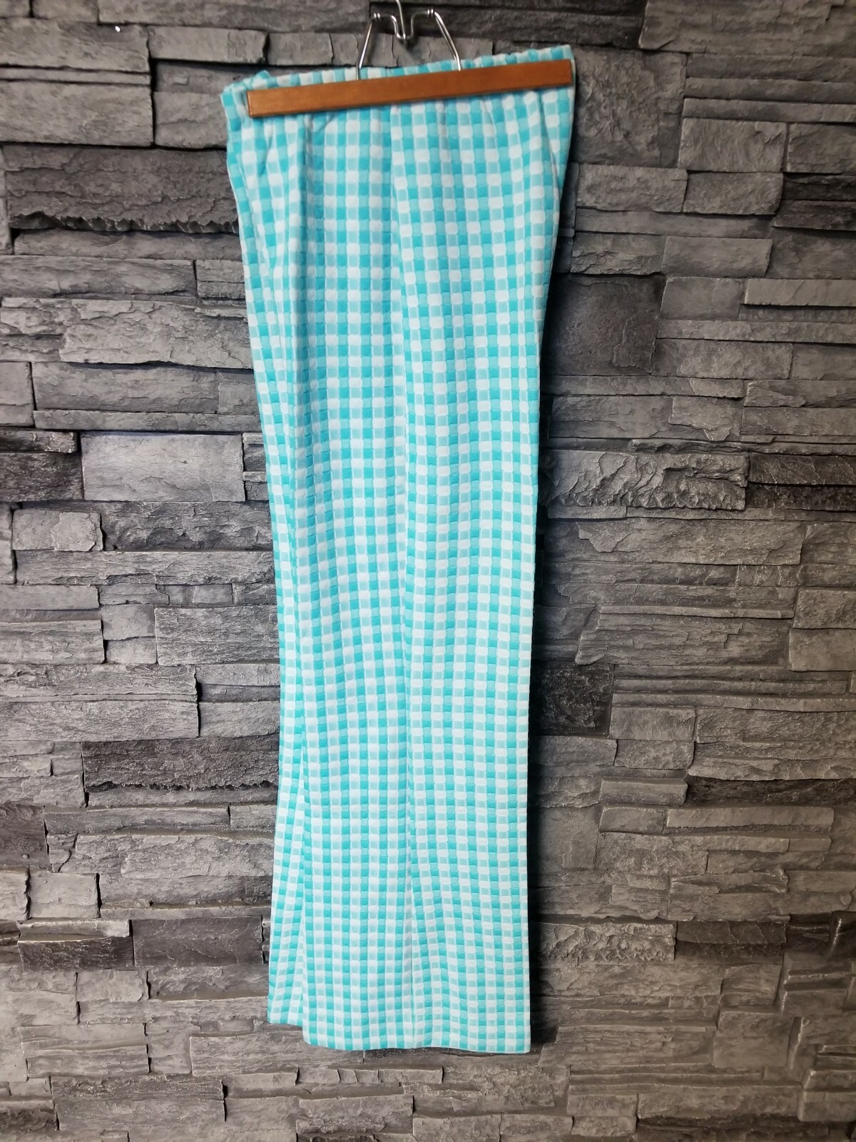 VTG 60s-70s JANE COLBY WOMEN POLYESTER BELL BOTTOM PANTS BABY BLUE WHITE CHECKED