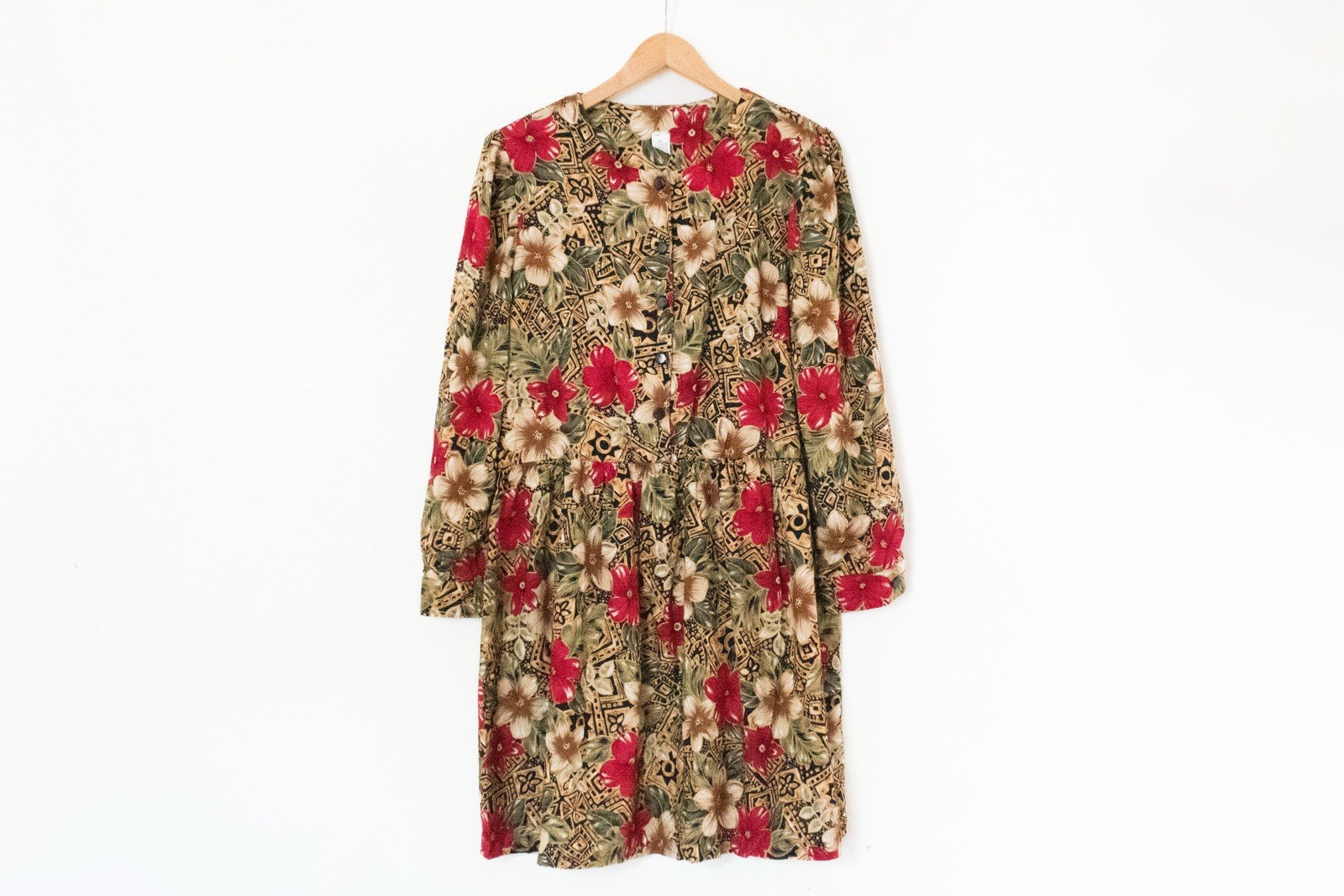 Vintage 80’s Does 40’s Hawaiian Hibiscus Flower Long Sleeve Dress | Size 22