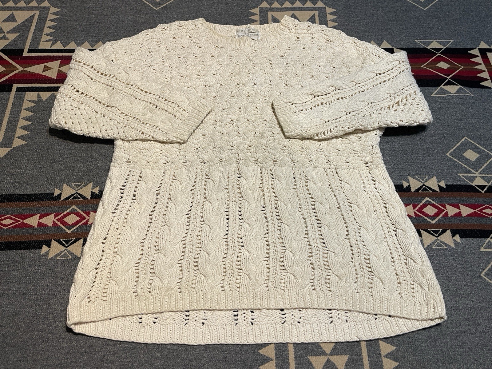 Vintage Jennifer Reed Chunky Hand Knit Ramie Cotton Sweater Womens L T3