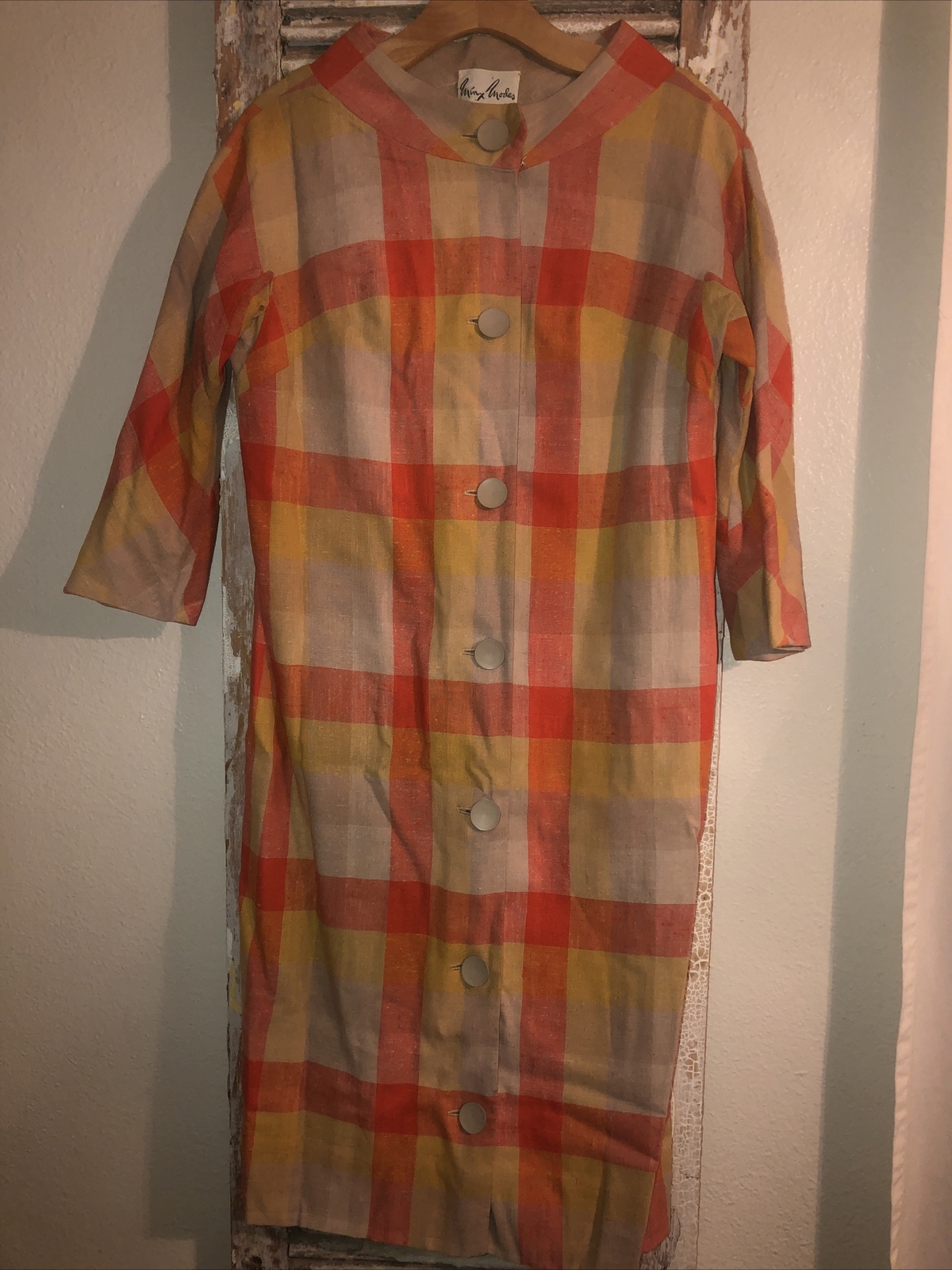 A18 Vtg 1940s 50s Sheath Plaid Cotton Midi Dress By Minx Modes Orange Yellow GVC