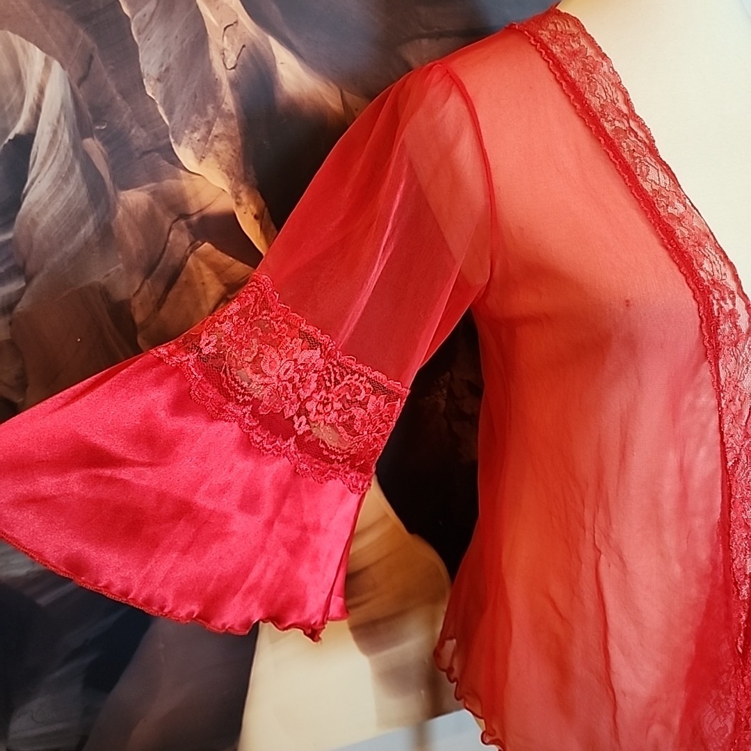 Vintage Intimo Amore Bed Jacket Red Sheer One Size Lingerie Bell Sleeve
