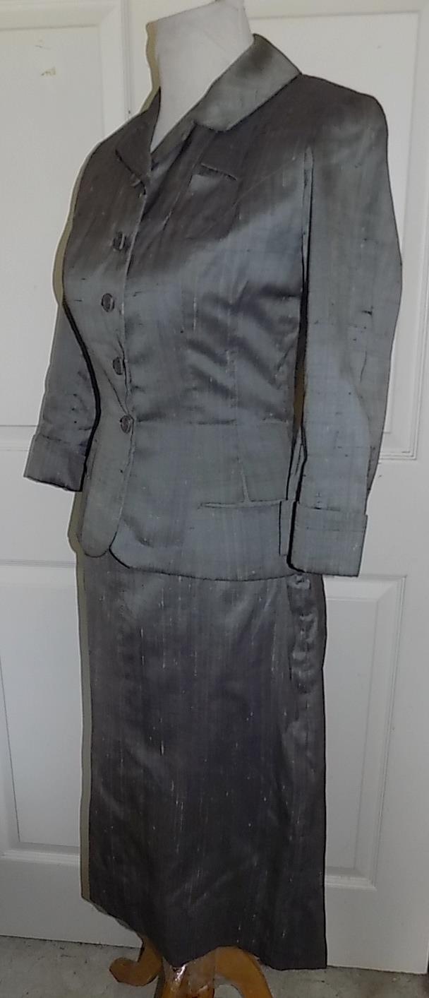 Vintage 50s Silver Gray Shantung Tailored Suit I Magnin B34