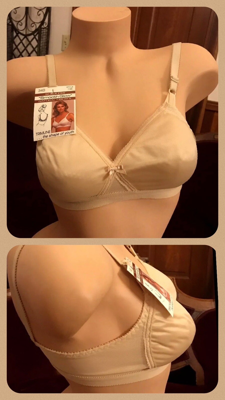 Vintage Bra Smooth Nylon Beige Nude Polyester Adjustable Lycra 1970s NEW 34B