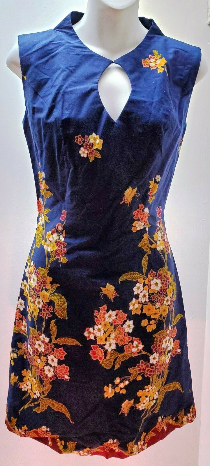 Vintage Hand Made Dark Blue Floral Pattern Dress No Tag Medium