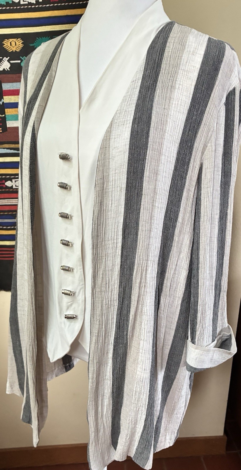 Vintage 90s Striped Jacket Attached Blouse Size L XL Lightweight Career USA