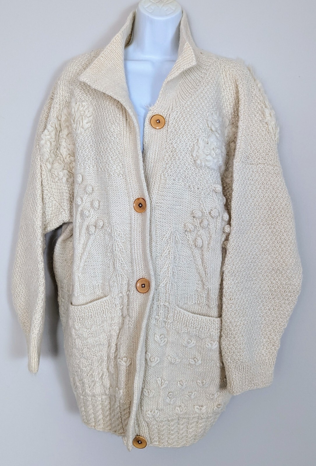 Vintage 1990s Eddie Bauer Ivory Wool Sweater Cardigan Size Large Luxury