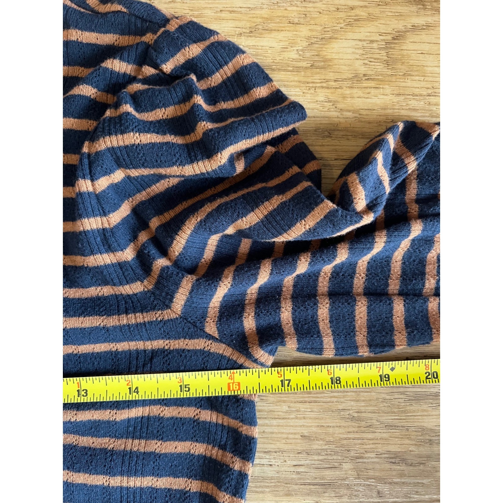 Lucky Brand Striped Puff Sleeve Knit Top Size Small Navy Brown Preppy Casual
