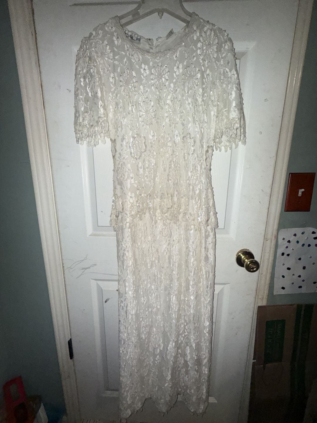 Scala Vintage White Lace Beaded Pearl Maxi Evening Dress