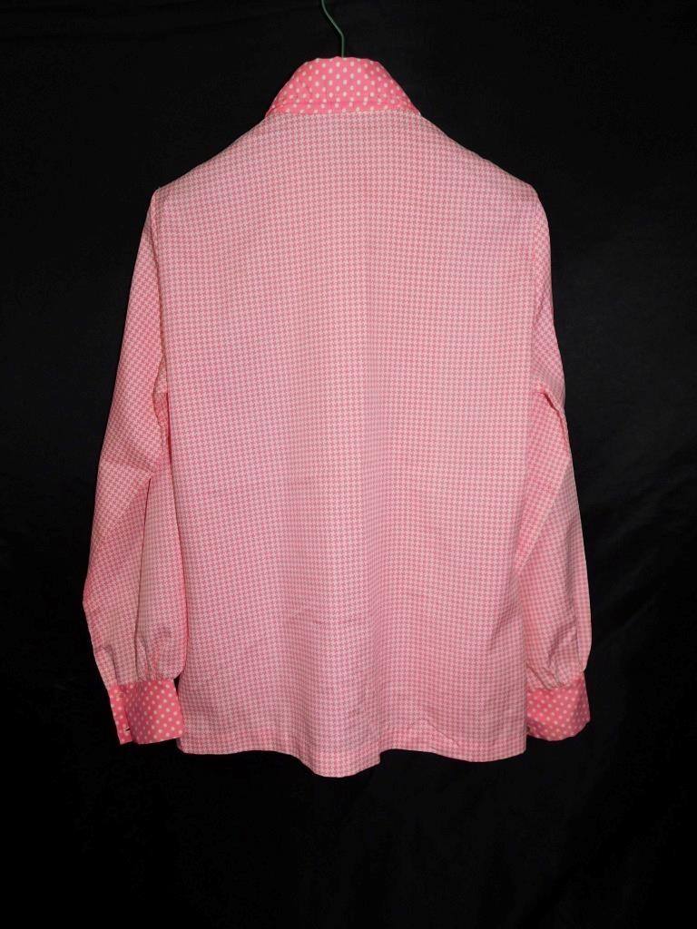 Vintage 70s Alice Stuart M Pink White Houndstooth Polka Dot Shirt Blouse Retro