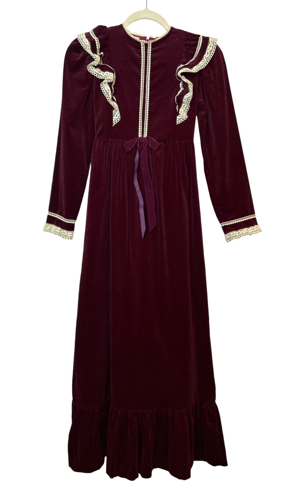 Vintage Burgundy Velvet Prairie Dress Lace Trim & Bow Detail Long Sleeve Ruffle