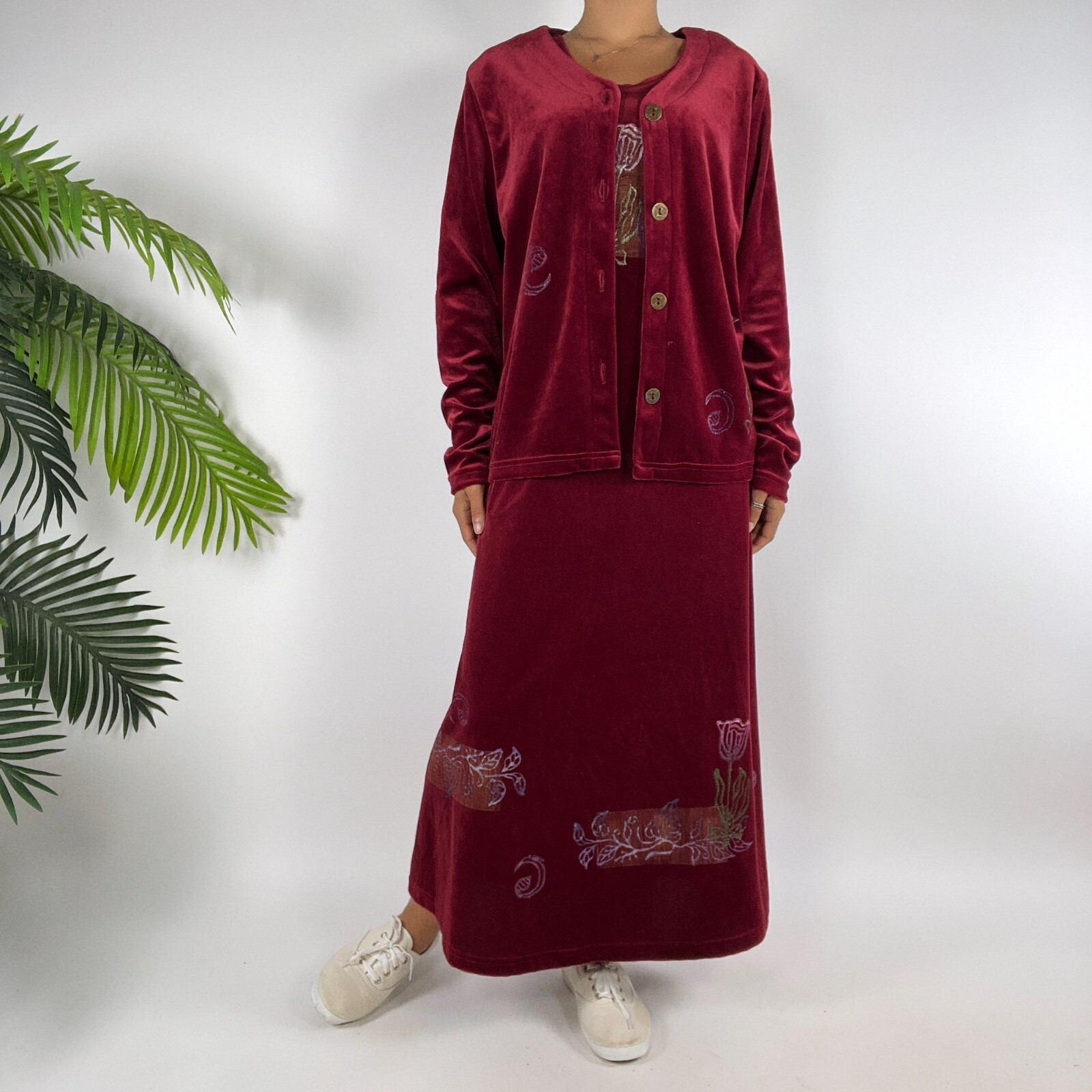 Vintage 90s Red Floral Velour Cottagecore 2-Piece Maxi Dress Cardigan Set / L