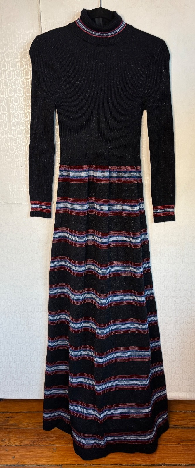 VTG 60’S CYN LES BLACK METALLIC STRIPED RIBBED STRETCH TURTLENECK MAXI DRESS S/M