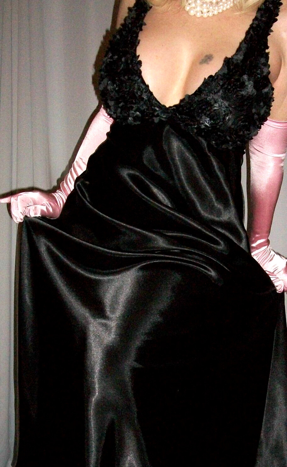 Vtg Black Maxi Dress Slip Satin Nightgown M