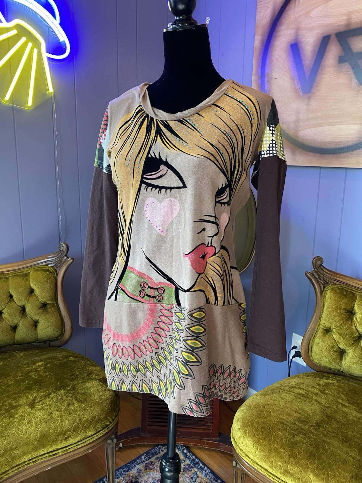 Vintage Y2K Rhinestone Pop Art Custo Barcelona Style Mini Dress Size Medium