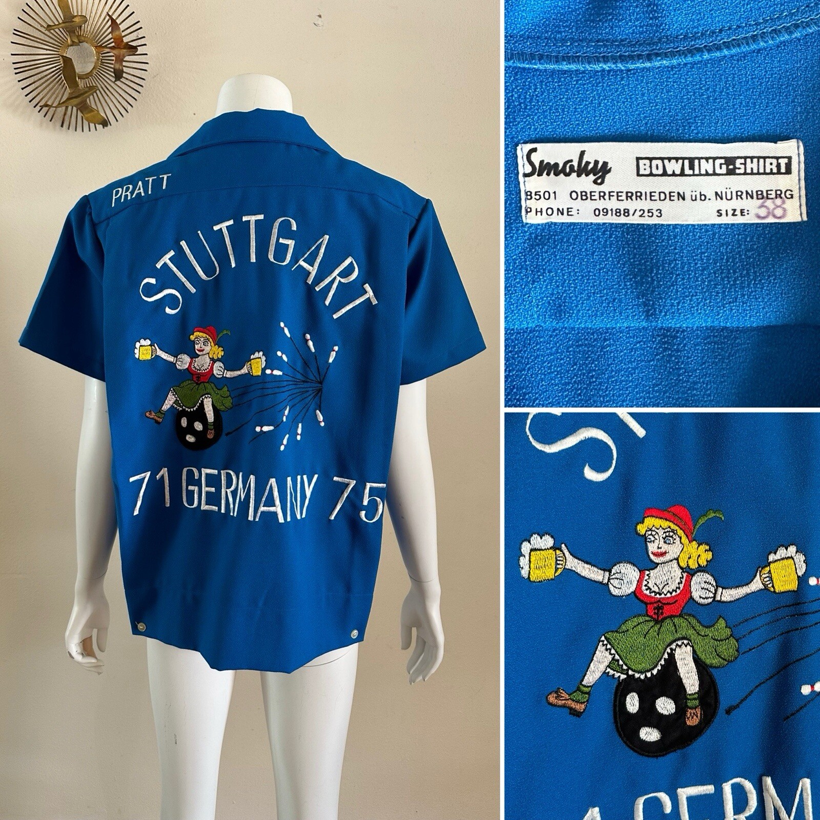 1970s USAF Germany Embroidered Womens Bowling Party Souvenir Shirt Blouse Vtg