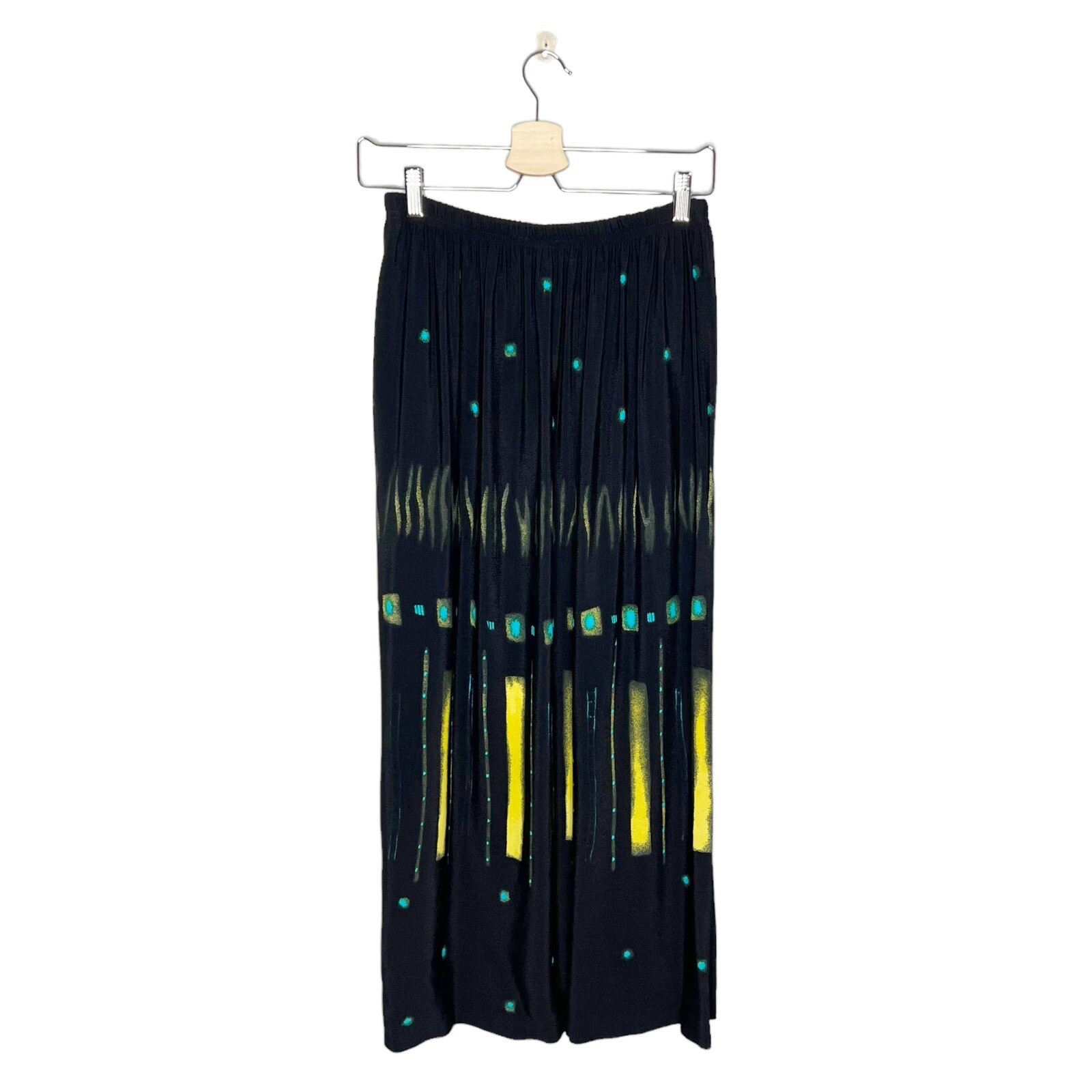 Vtg Nino Wong Rayon Black Teal & Bright Yellow Abstract Print Maxi Skirt Medium