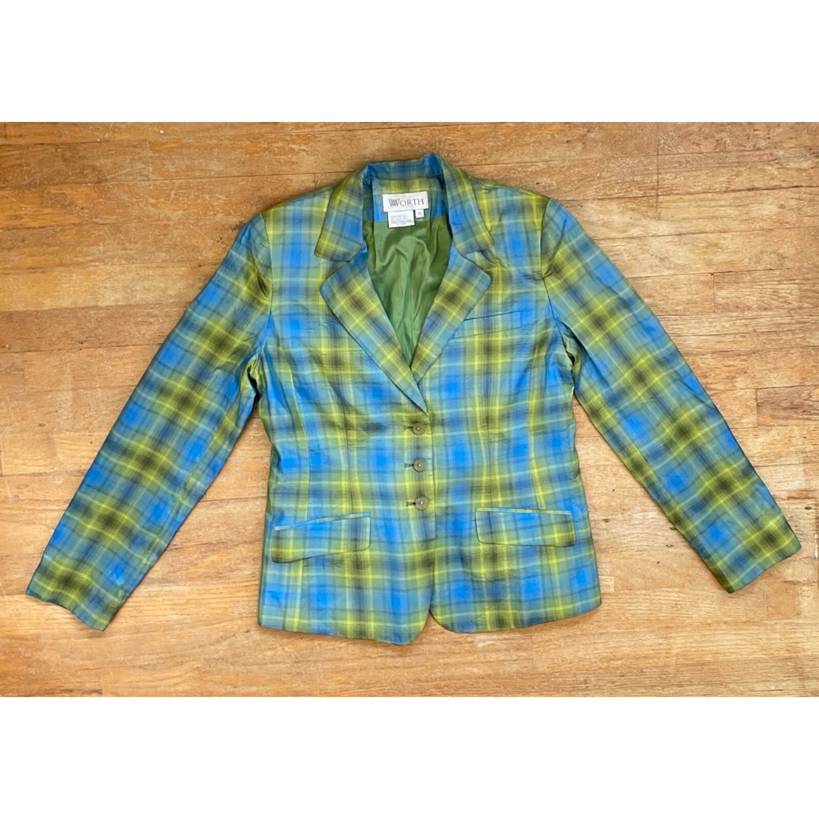 Vintage Plaid Silk Blazer Womens Size Medium 1990s Worth Sport Coat Jacket