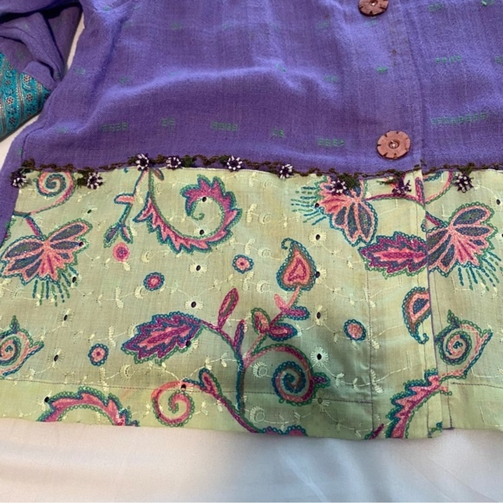 Veranda Wear Handwoven Guatemalen Purple Jkt Top Flower Buttons Cotton SZ L