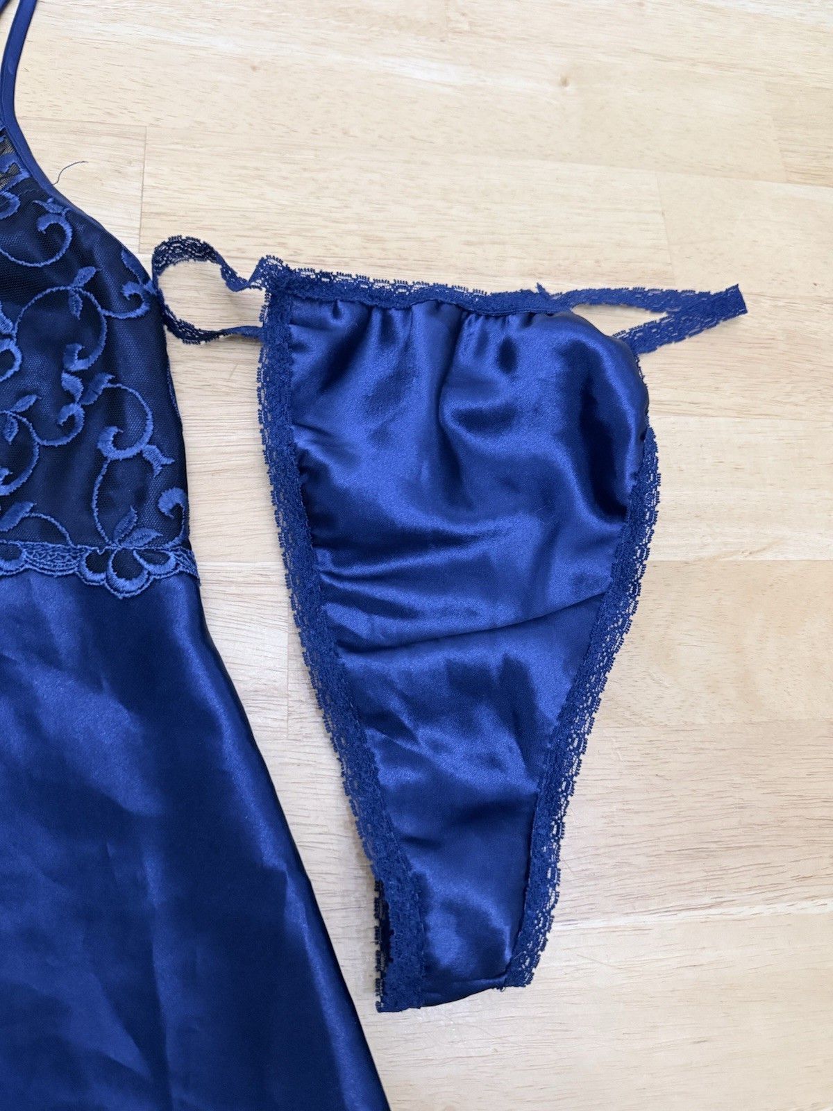 Vintage 80s 90s Lingerie Set Navy Blue Lace Silky Satin Sheer Sexy Thong Undie L