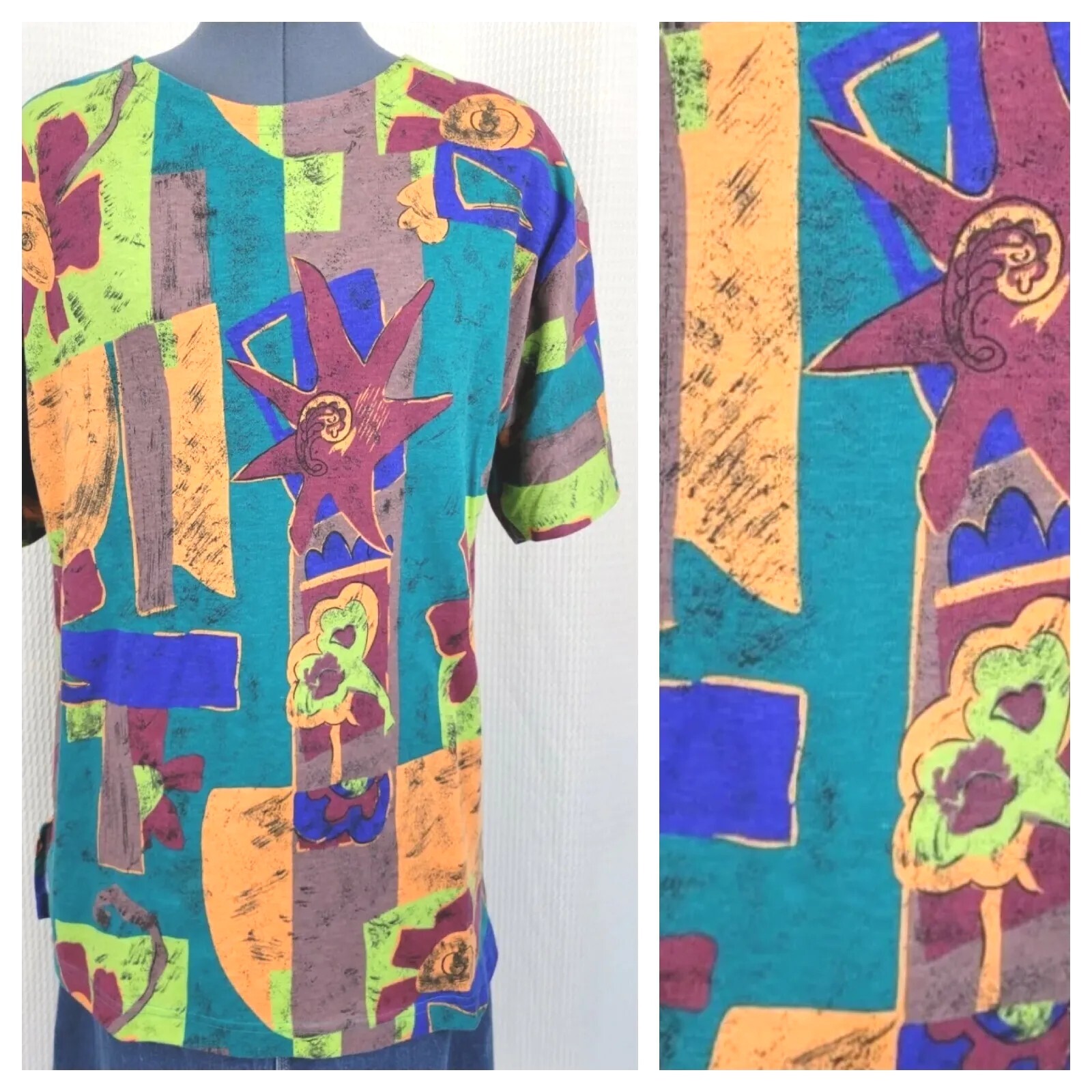 Vintage Forenza Graphic Print Tee in Teal/Burgundy/Orange/Brown/Blue Sz Large