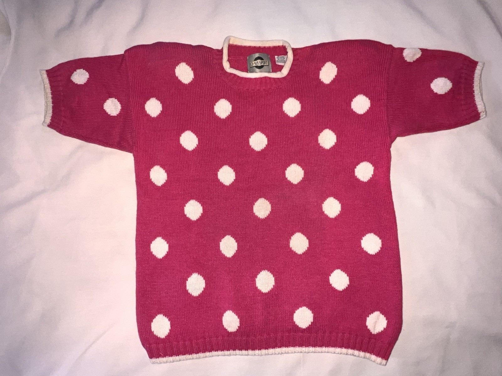 1980’s Pink Polka Dot Short Sleeve Sweater Chaus Sport Medium Shoulder Pads