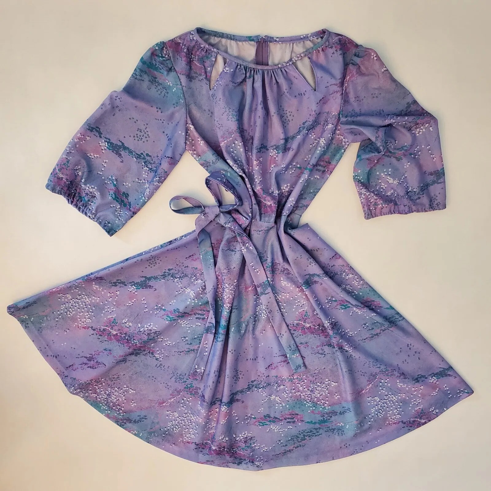 Vintage Pleated Dress Disco or Workwear Purple w/ collar Cut outs and belt