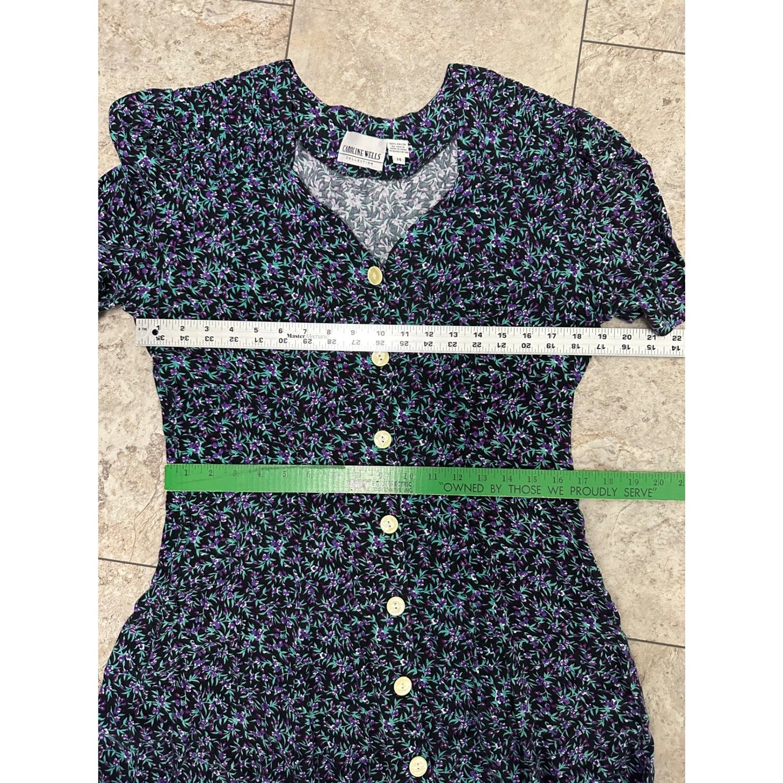 Caroline Wells Vintage Floral Button Front Midi Dress Purple Teal Rayon Size 14