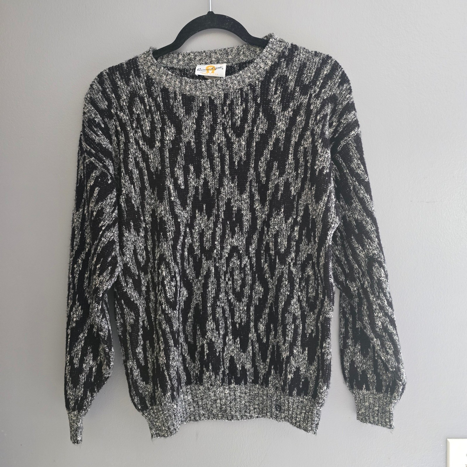Vtg Bonnie and Bill Gene Ewing Abstract Knit Sweater Black White 80s USA Made