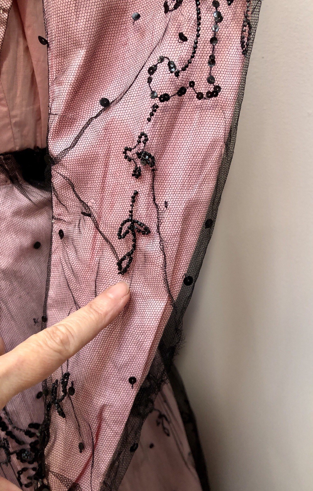 ANTIQUE VICTORIAN Early 1900s GIBSON GIRL PINK+Black JET SEQUIN BEADED 3Pc GOWN