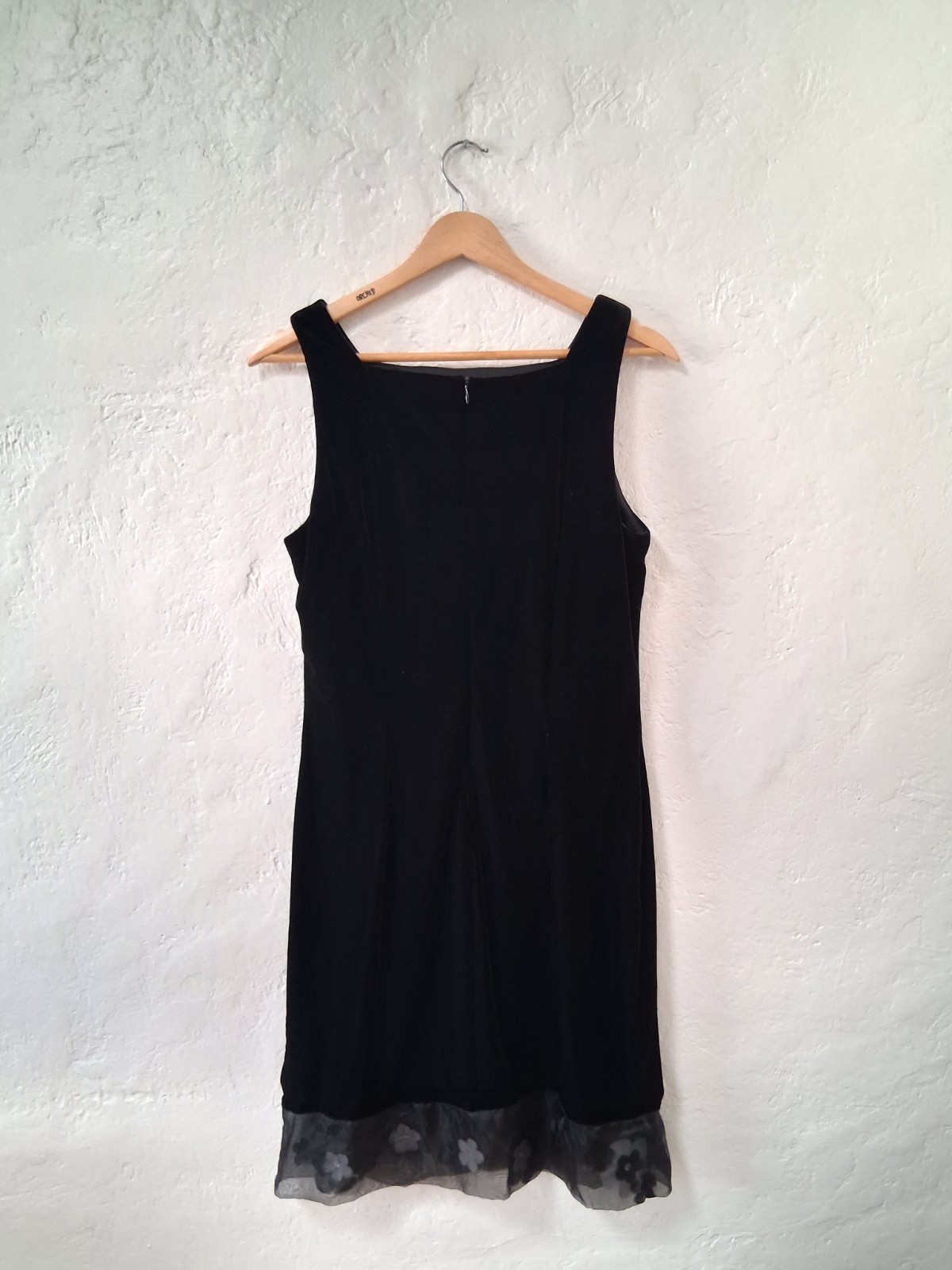 Molly Malloy Vintage 90s Black Velvet Shift Dress Sheer Rhinestone Floral Hem 10