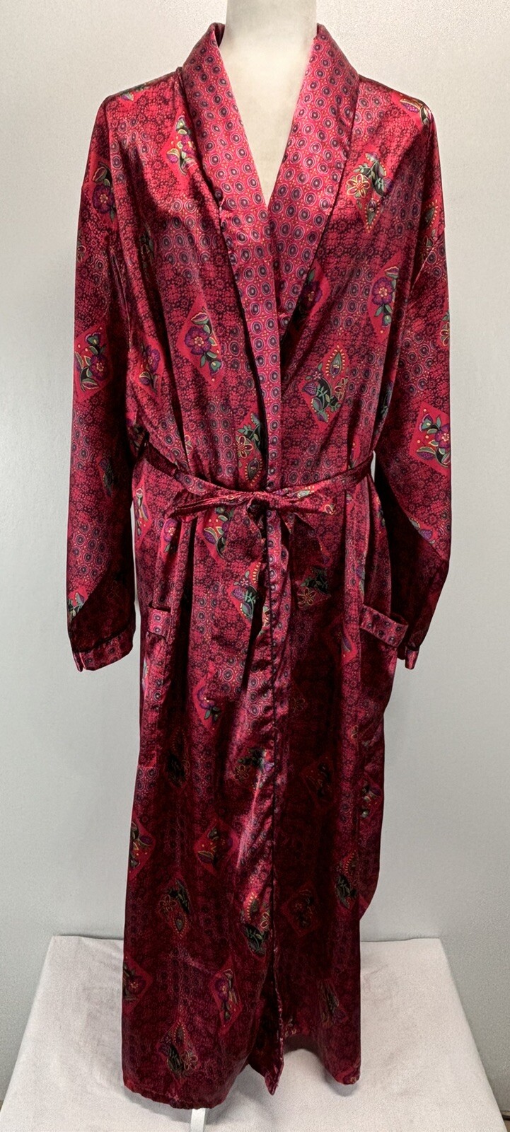 Vtg Beth Michaels Satin Robe Sz Large Women’s Belted Pockets Red Floral Long