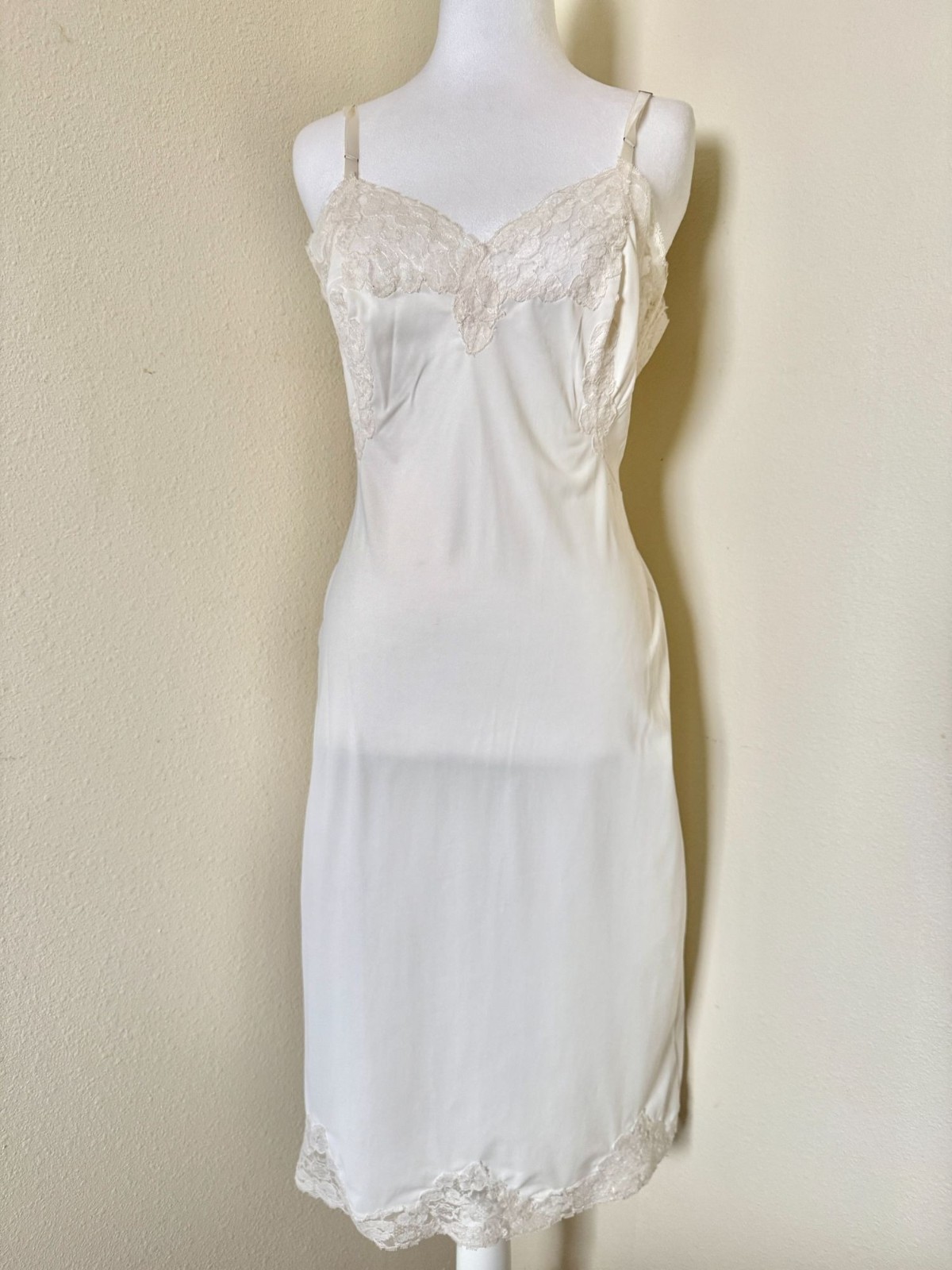 Vintage 1960s Sleeveless White Lace Nightgown or Slip In Cream With Lace Detail