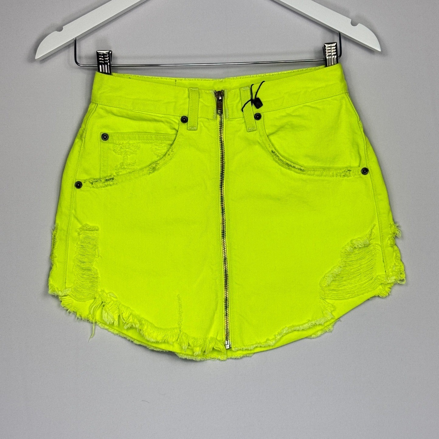 Carmar Los Angeles Neon Yellow Distressed Denim Mini Skirt Size 25 NWT