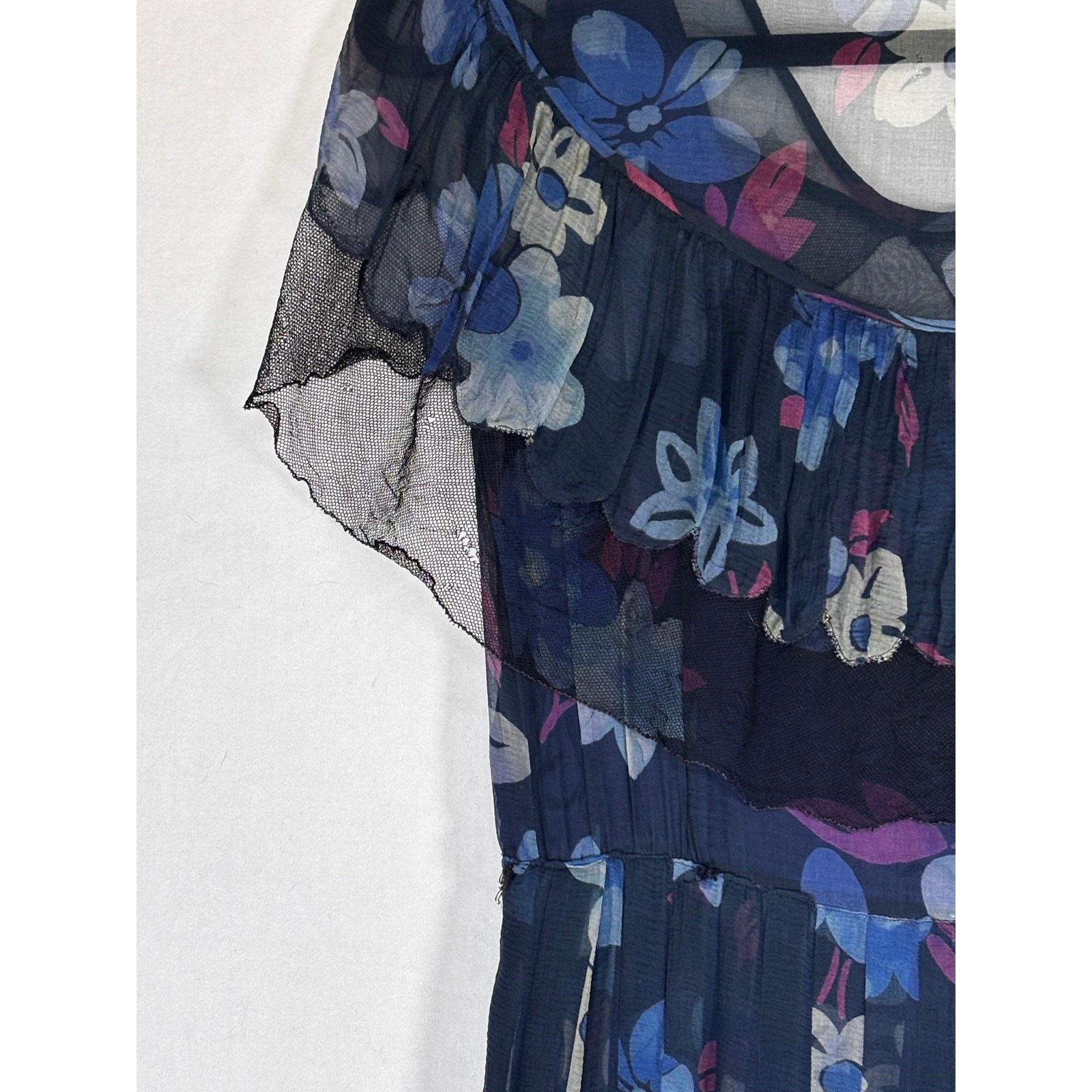 Antique 1920s Navy Floral Silk Dress Flapper Era Flutter Sleeve Drop Waist