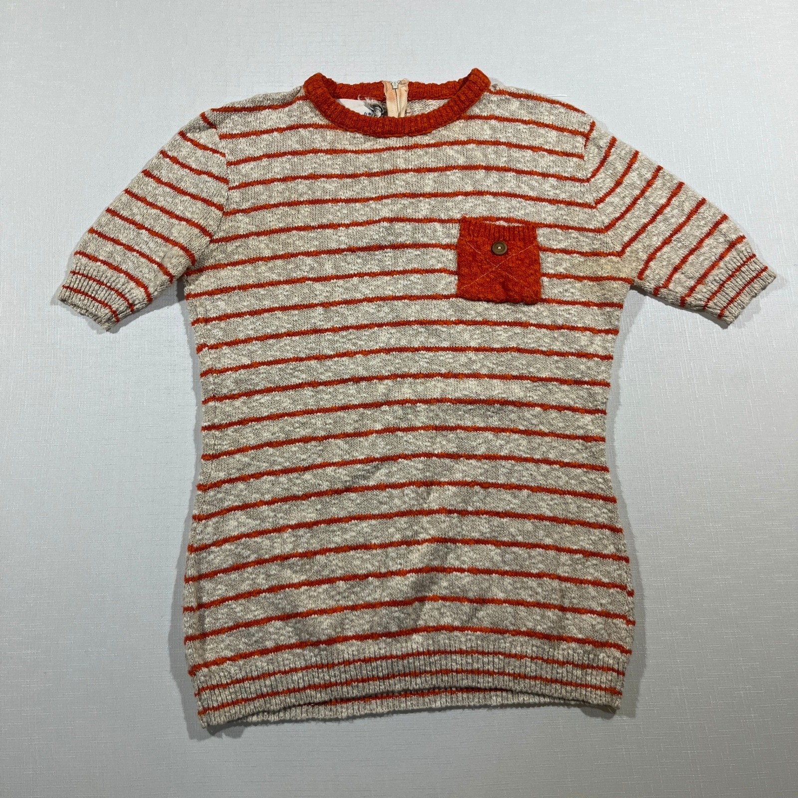 VTG Bobbie Brooks Sweater Womens M Orange Striped Short Sleeve Pocket Zip Up USA