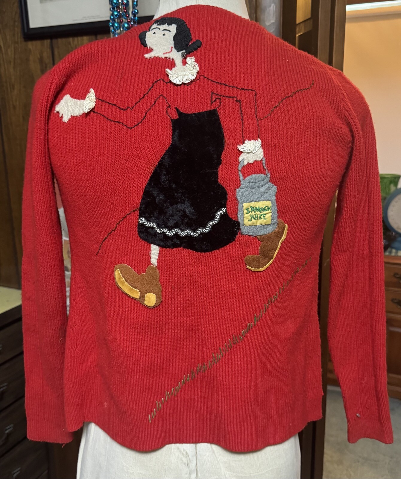 Vintage Olive Oyl Popeye Red Sweater Small – Spinach Juice Homemade Sewn