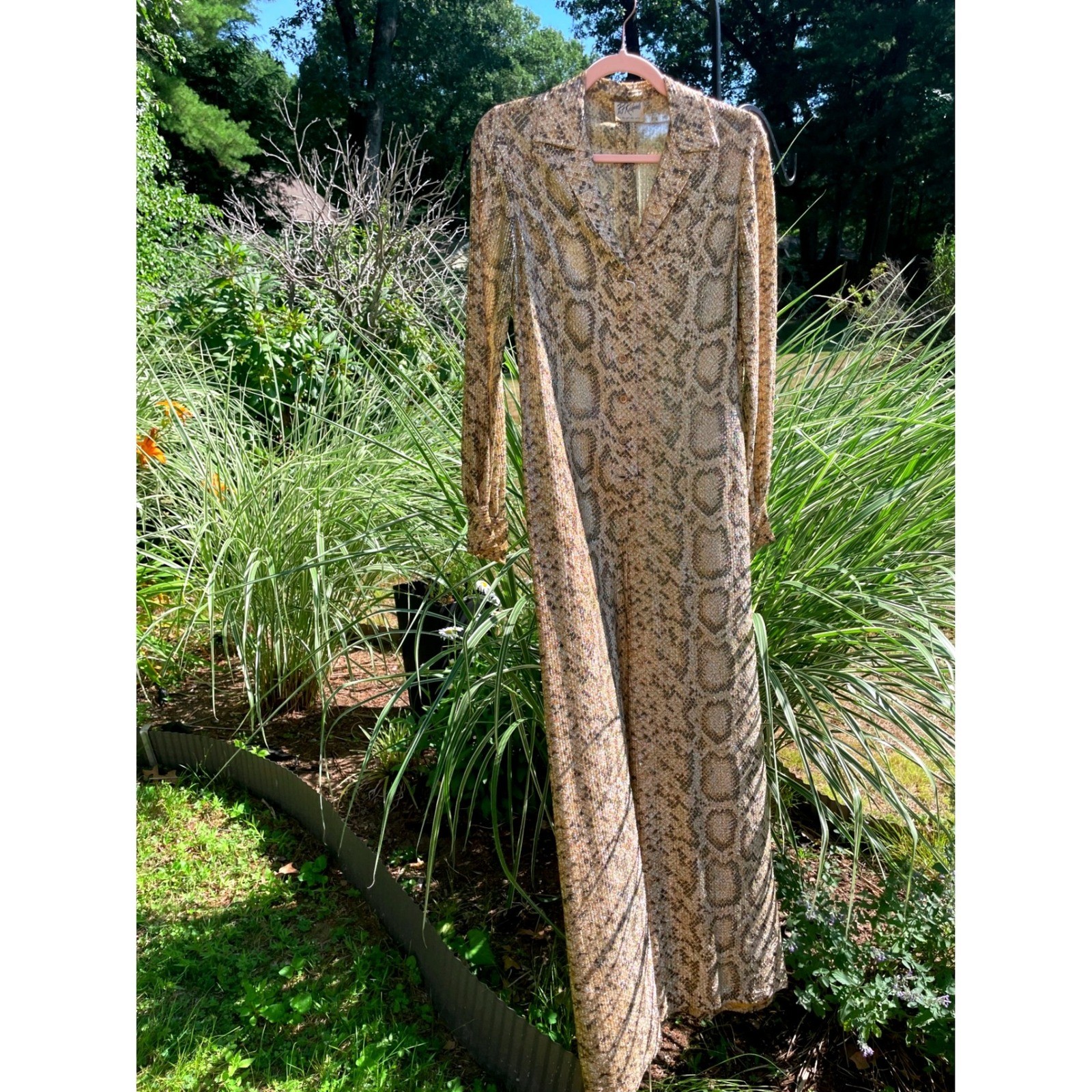 Vintage Maxi Dress Snakeskin Print Metallic Gold Lurex Pat Richards Small