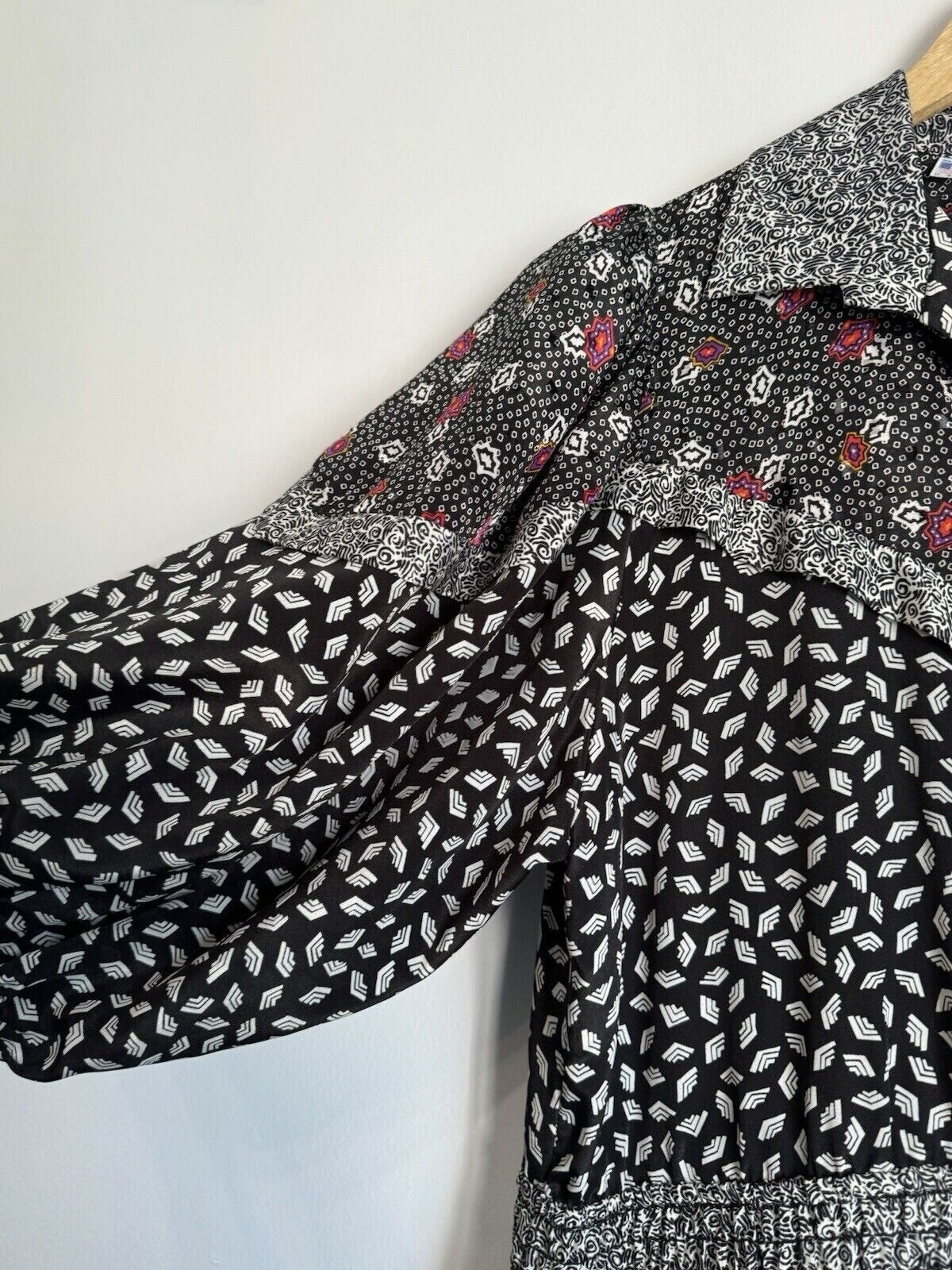 VTG Susan Freis Womens Large Smocked Waist Dress Mixed Print Puff Sleeve Cottage
