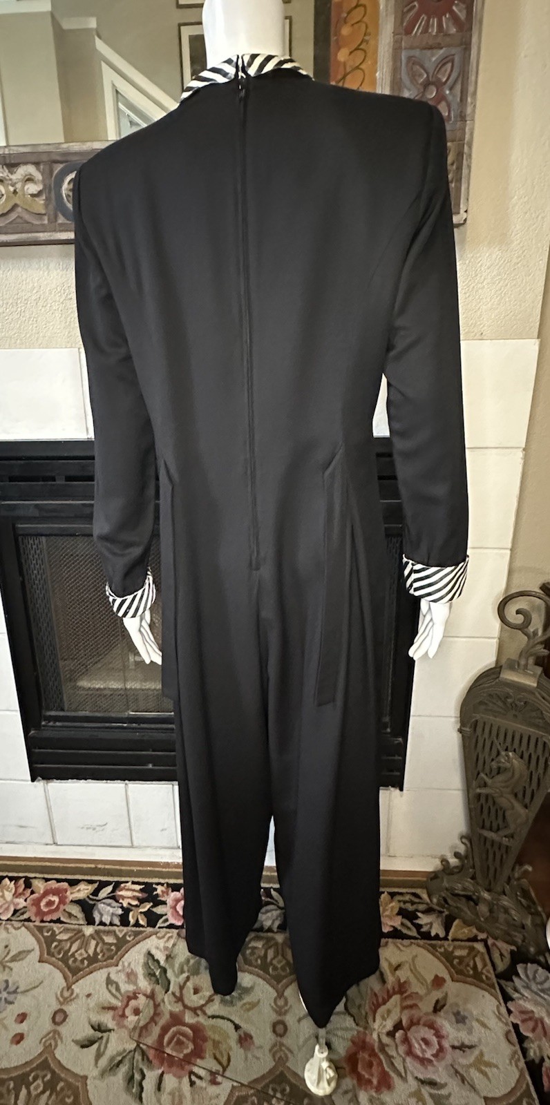 Vintage Black Striped Shawl Collar Wide Leg Palazzo Tie Back Tuxedo Jumpsuit