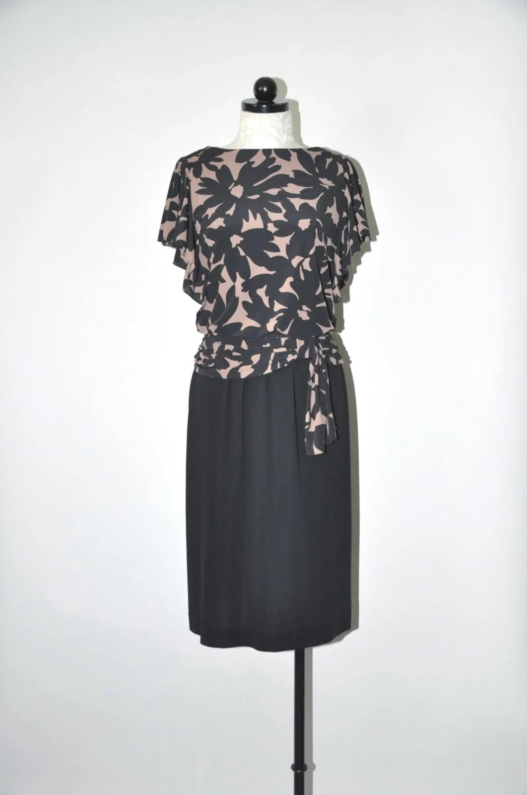 80s Vintage Black Beige Floral Print Back Buttons Draped Midi Dress Women S M
