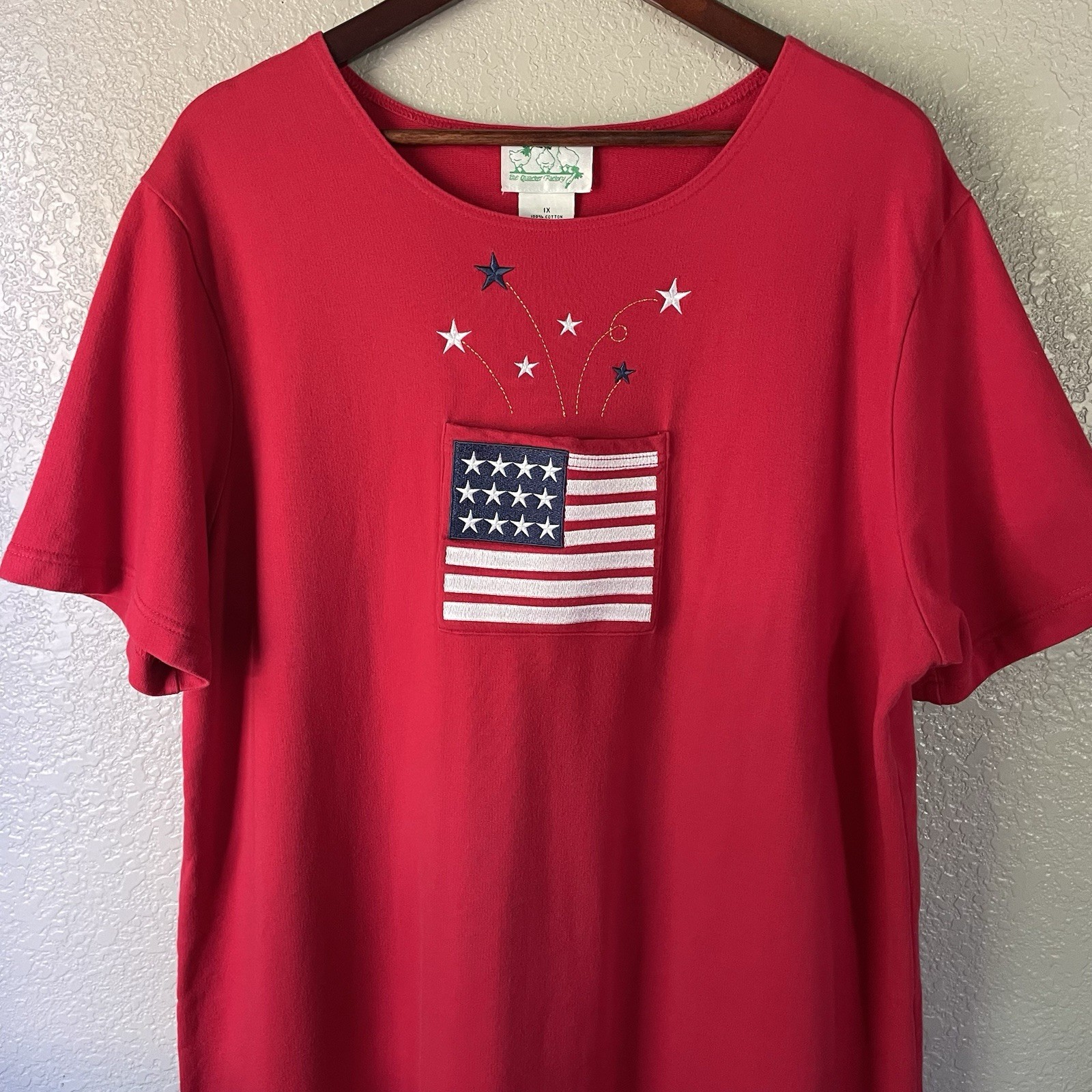 Vintage The Quacker Factory Red Flag Star Embroidered T Shirt Maxi Dress Plus 1X