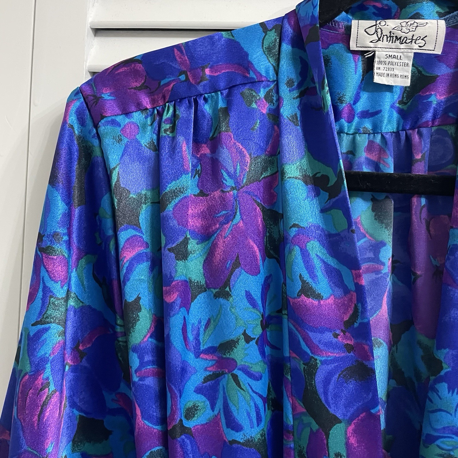 Vintage J.O. Intimates 80s Purple Blue Satin Long Floral Robe Sz S Hong Kong
