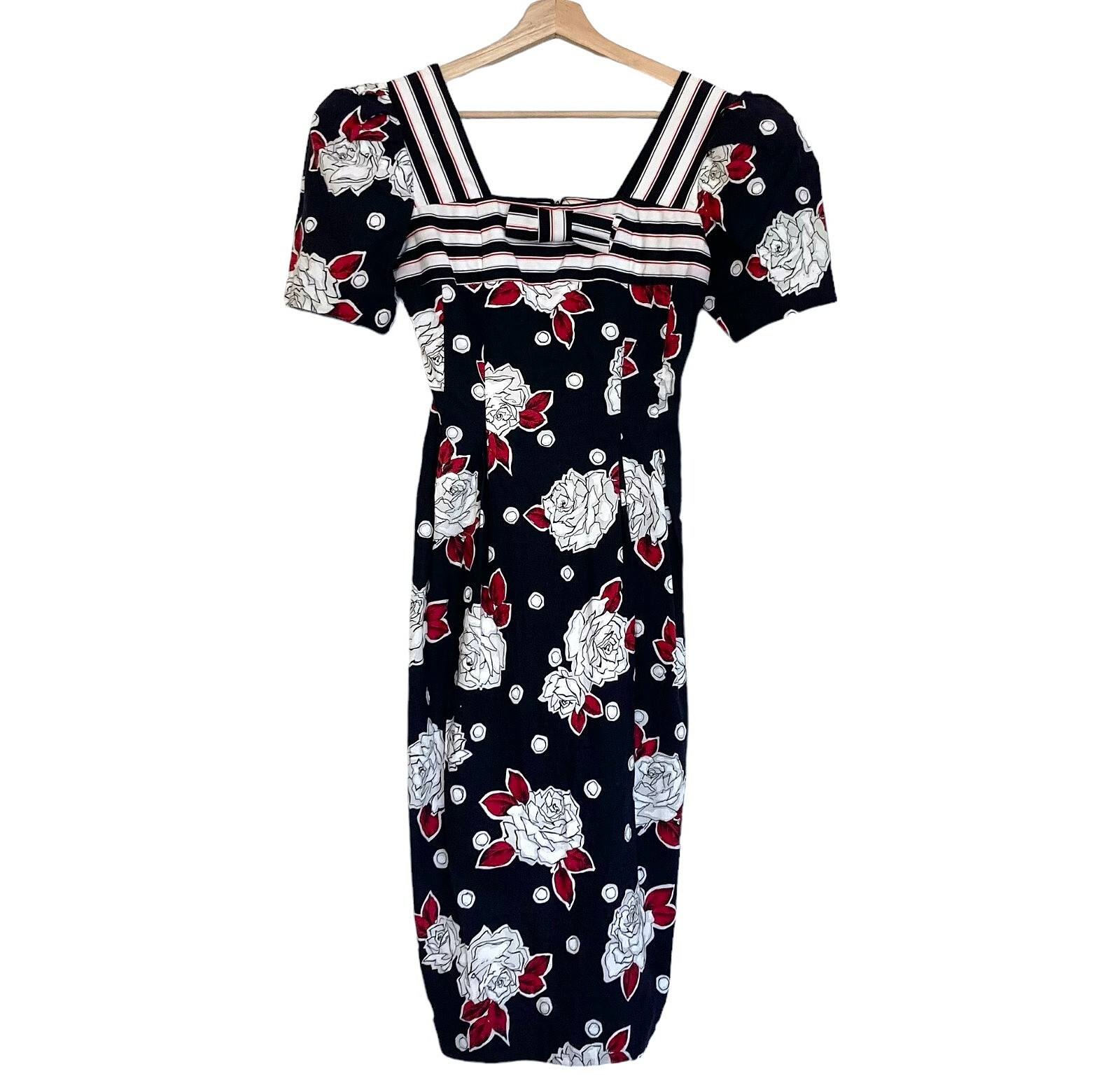 Vintage 80s LESLIE LUCKS Floral Midi Pencil Dress Sz 4 Pinup Secretary Puff Slve