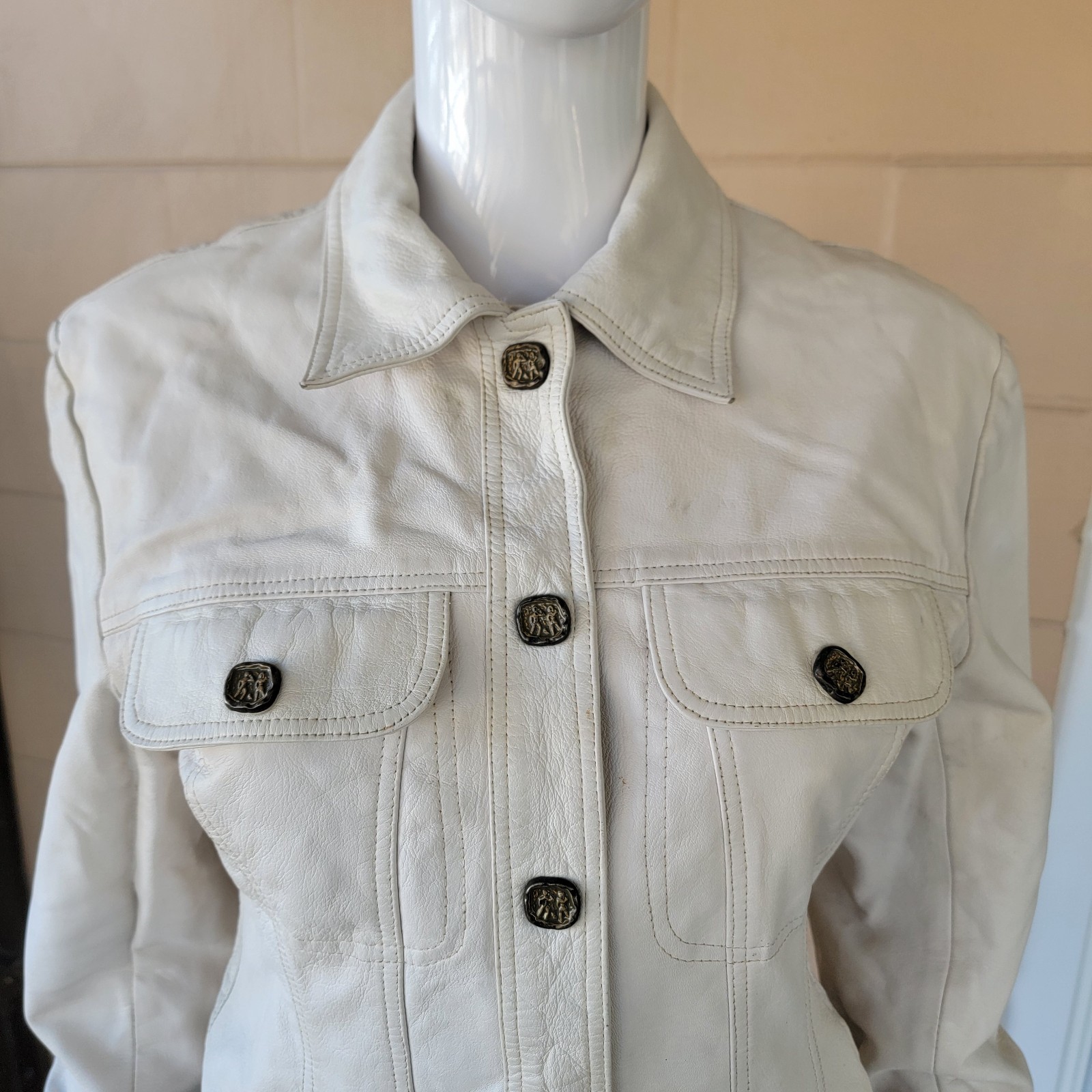 Vintage 90s Margaret Godfrey Leather Jacket Short Off-White Women S Quiet Luxury