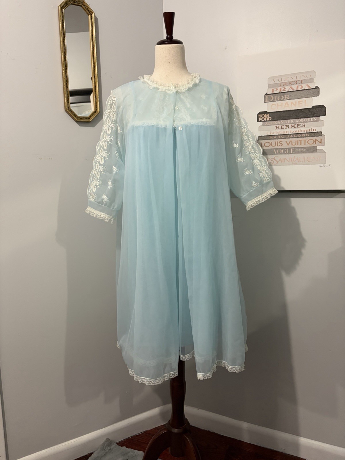 Vintage Carol Brent Light Blue Chiffon Lace Babydoll Nightgown Robe Set.
